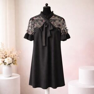 Y2K Dress Size Large Black Sheer Floral Tie Neck Whimsical Festival Fairy Whimsy